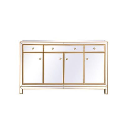 Pemberly Row Modern 60" Metal and MDF Mirrored Credenza, Gold Finish, 4 Doors, 3 Shelves, Rectangle Shape, Soft Closing Hand-Painted Storage Cabinet for Living Room, Dining Room, or Entryway Use