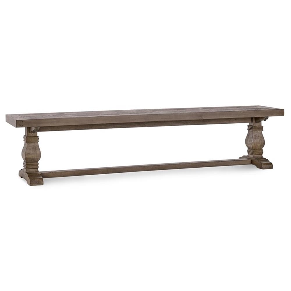 MAKLAINE 83" Transitional Reclaimed Pine Wood Bench, Weathered Brown Finish, Hand Carved Pedestal Base, Seats Up to 4, Rustic Kitchen or Dining Room Seating