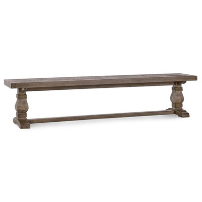 MAKLAINE 83" Transitional Reclaimed Pine Wood Bench, Weathered Brown Finish, Hand Carved Pedestal Base, Seats Up to 4, Rustic Kitchen or Dining Room Seating