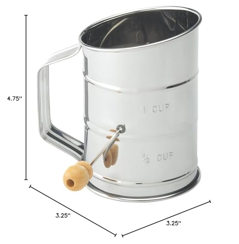 Mrs. Anderson's Baking Hand Crank Flour Sifter, Stainless Steel, 1-Cup Capacity, For Breaking Up Clumps And Aerating Flour And Powdered Sugar