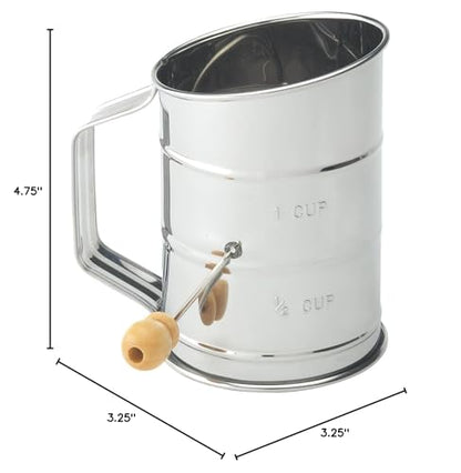 Mrs. Anderson's Baking Hand Crank Flour Sifter, Stainless Steel, 1-Cup Capacity, For Breaking Up Clumps And Aerating Flour And Powdered Sugar
