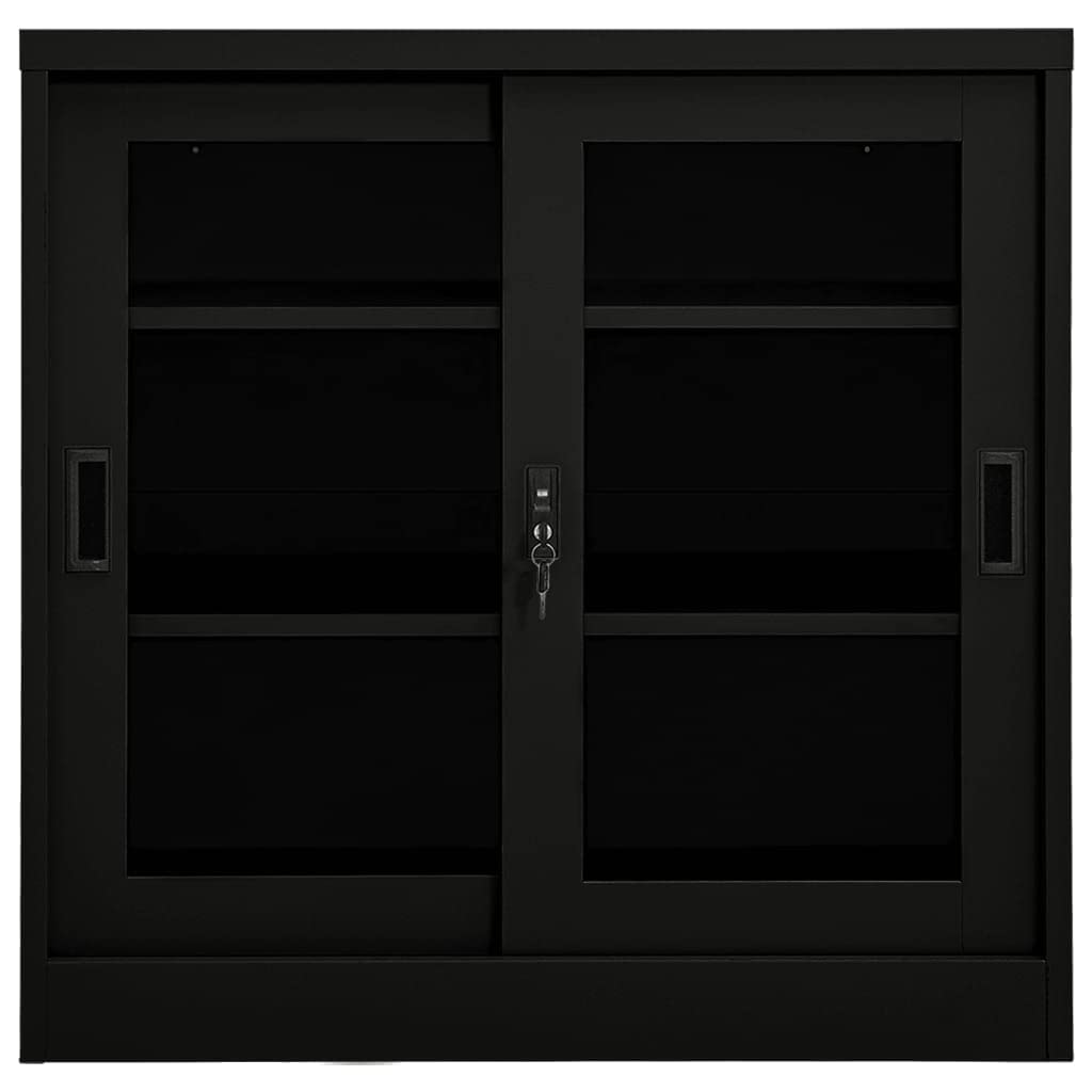 mtlskopl Sliding Door Storage Cabinet Black Steel Matte Tempered Glass 35.4 x 15.7 x 35.4 in Adjustable Shelves Lockable Office Garage Living Room Bathroom Organizer