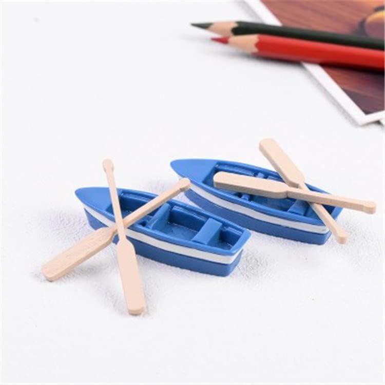 YXQ Miniature Blue Rowboat Set, 2 Little Resin Canoe Models with Oars for Cake Decoration