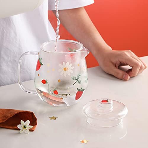 Sizikato Clear Borosilicate Glass Teapot with Tea Strainer, Cute Strawberry Pattern, 18oz