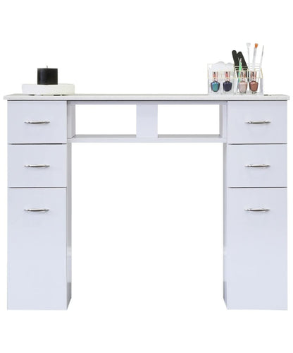 J & A White Granite Top Manicure Nail Table for Salons & Spas - 6 Storage Drawers, 2 UV Dryer Slots, Built-in Trash Compartment, Hidden Casters, Compact & Modern Workstation - JA-KM-N104-WHT