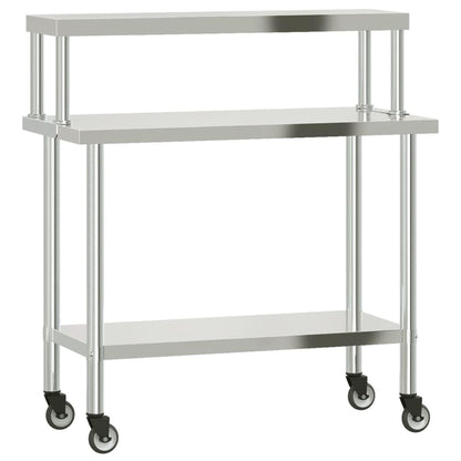 Stainless Steel Kitchen Work Table with Overshelf and Wheels, 43.3 x 21.7 Inch Commercial Prep Station for Restaurant, Home, Garage, Utility Cart