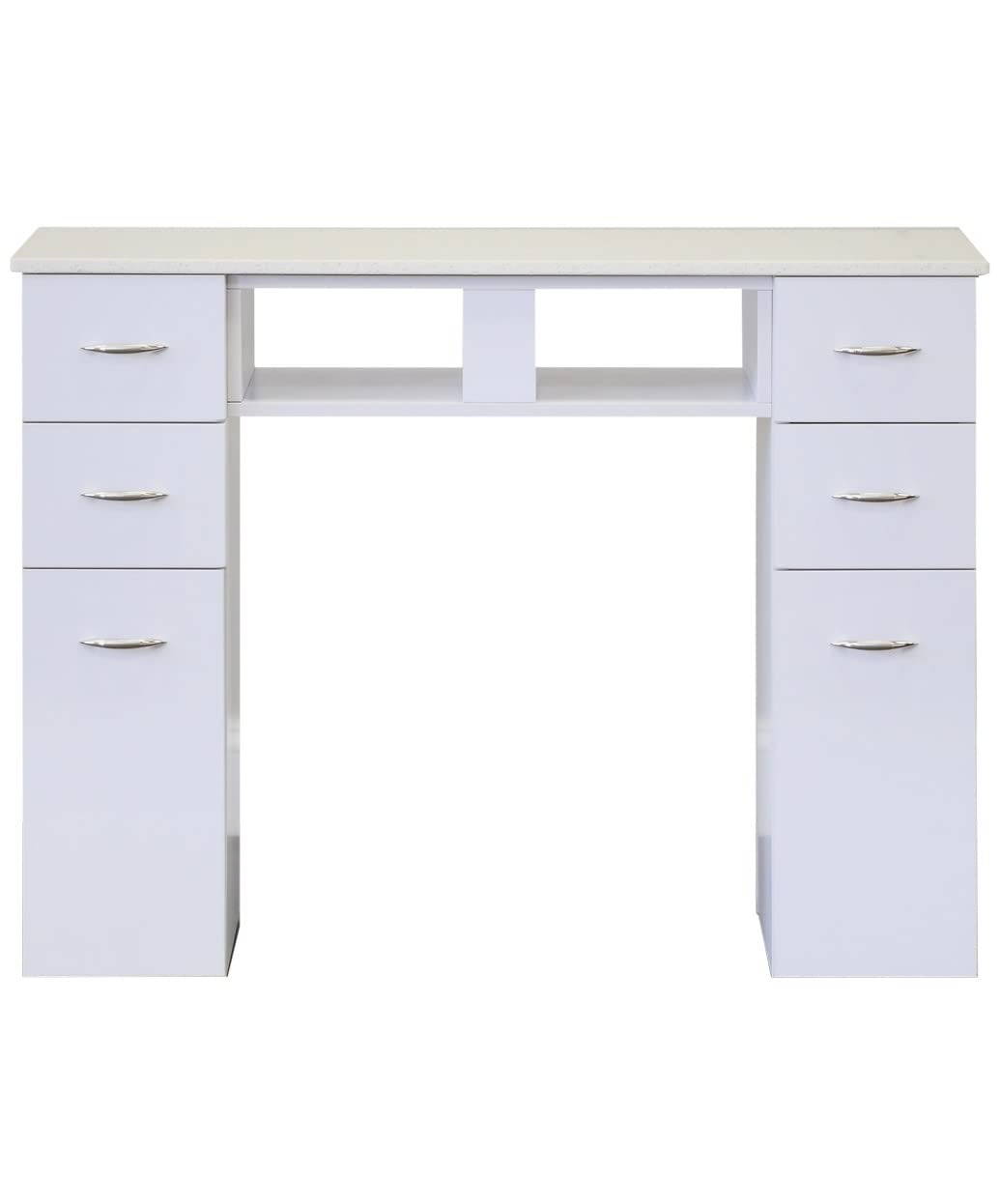 J & A White Granite Top Manicure Nail Table for Salons & Spas - 6 Storage Drawers, 2 UV Dryer Slots, Built-in Trash Compartment, Hidden Casters, Compact & Modern Workstation - JA-KM-N104-WHT