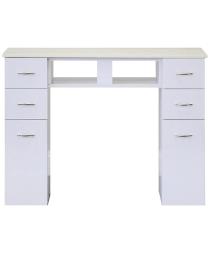 J & A White Granite Top Manicure Nail Table for Salons & Spas - 6 Storage Drawers, 2 UV Dryer Slots, Built-in Trash Compartment, Hidden Casters, Compact & Modern Workstation - JA-KM-N104-WHT