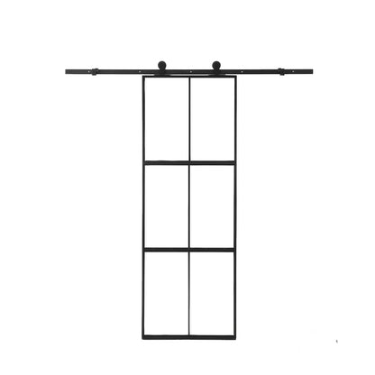 36 x 84" Glass Barn Door with 3-Panel Frosted Tempered Glass, 6 ft Top Mount Sliding Door Kit with Soft Close Mechanism,Black Carbon Steel Tempered Glass Sliding Door,Easy Assembly, Hardware Included