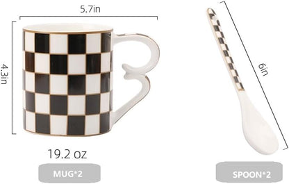 Porlien Checker Porcelain 18-ounce Mug Set of 2 with Teaspoon, Coffee Mugs and Tea Cups