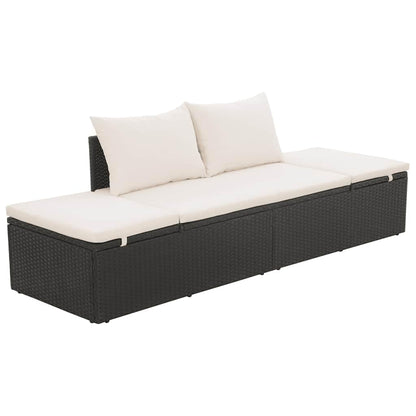 HGKMBRY Outdoor Lounge Bed with Removable Cushion Covers in Black PE Rattan, Black and Cream Design, 76.8 x 23.6 Inches with Multi-Position Backrest