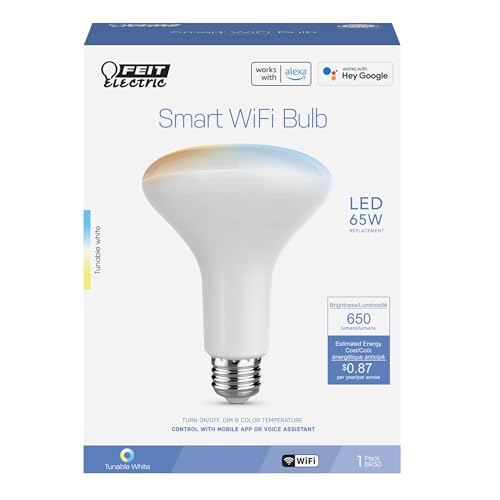 Feit Electric BR30 Smart Flood Light Bulb,2.4GHz WiFi Color Changing and Dimmable, No Hub, Works with Alexa or Google Assistant, BR30/RGBW/CA/AG, 65W, Multi-Color (RGBW), 1 Count (Pack of 1)