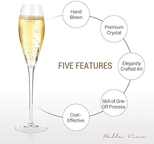 Bella Vino Hand Blown Crystal Champagne Flutes - Set of 2, 10.5", Clear, 7 oz, Premium Crystal Glasses, Great Gift