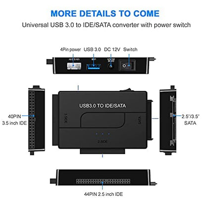 USB 3.0 to SATA IDE Hard Drive Reader, YINNCEEN External Hard Drive Ultra Recovery Converter Universal Hard Drive Adapter Kit for 2.5/3.5 HDD/SSD Hard Drive Disk, Include 12V/2A Power Adapter