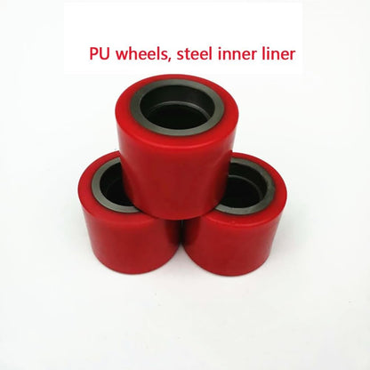 High-Quality Pallet Jack Rollers Set - Red PU Wheels with Axles, 2 Steering Wheels & 4 Front Load Rollers for Manual Forklift Trucks