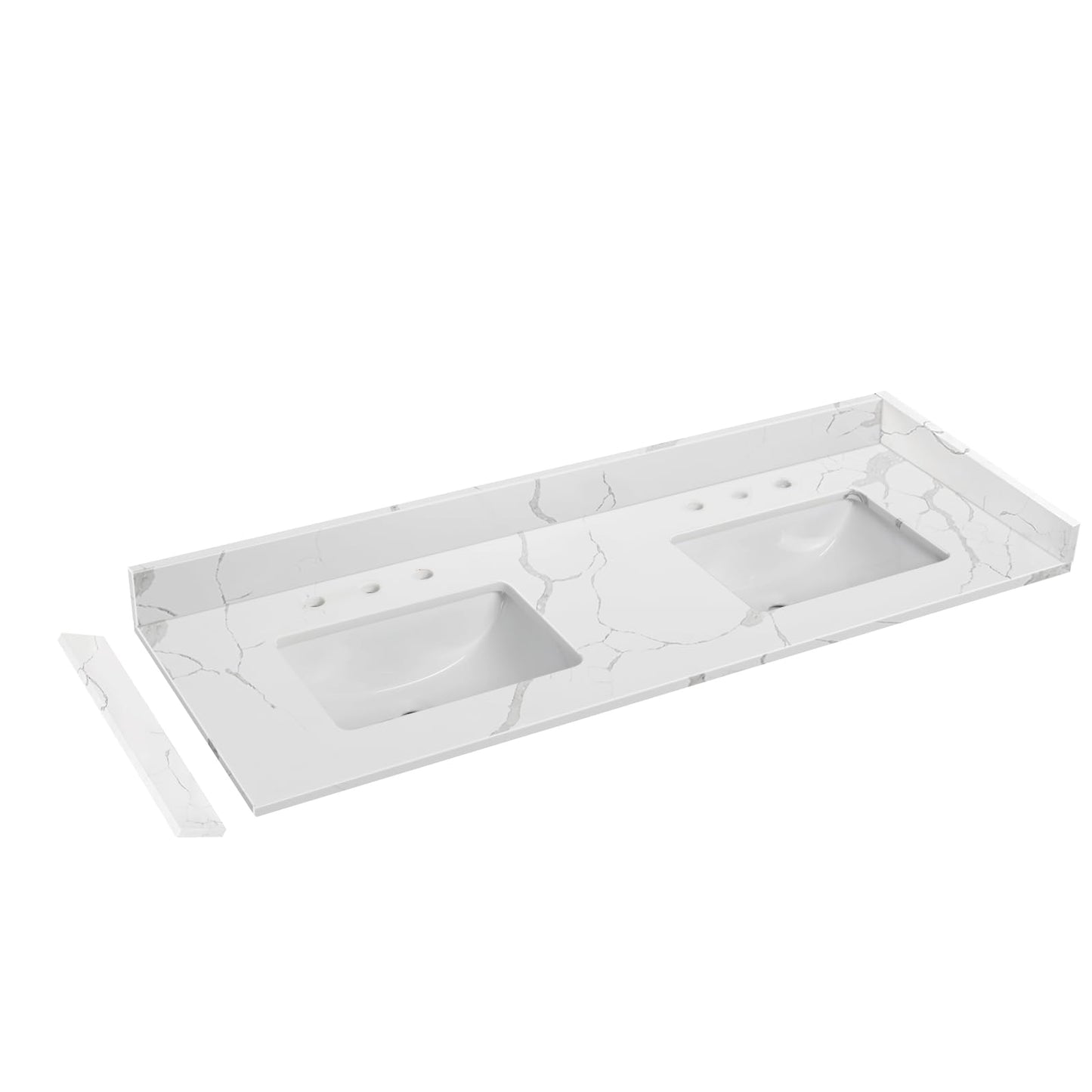 EQLOO 60 in.W x 22 in.D Quartz Calacatta River Vanity Top,with Undermount Double Sink Vanity Top,with Two Sidesplash & One Backsplash,8 Inch Faucet Hole Spread Bathroom Vanity Sink Countertop