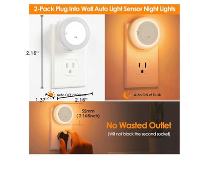 FOLKSMATE LED Night Lights Plug in, Dimmable Nightlight Plug Into Wall with Light Sensor, Soft White Adjustable for Adults, Bedroom, Bathroom, 2-Pack