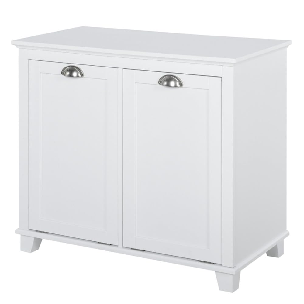 White Tilt Out Laundry Hamper Cabinet Bathroom Storage Organizer White Small Space Floor Standing Sorter with 2 Compartments Laundry Room Bedroom Hidden Hamper Freestanding Narrow Space Saving