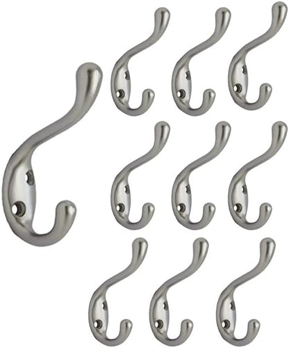QCAA Premium Quality Heavy Duty Coat and Hat Hook Hanger 3-3/8" Zinc Die Cast Satin Nickel 10 Pack