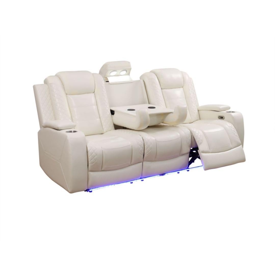 Electric Power Recliner Sofa Living Room Furniture, Comfy Home Theater Breathing Leather Seating with USB 2.0 Charging Ports, LED Light Strips, Fold-Down Table & Wireless charging device (White-2)