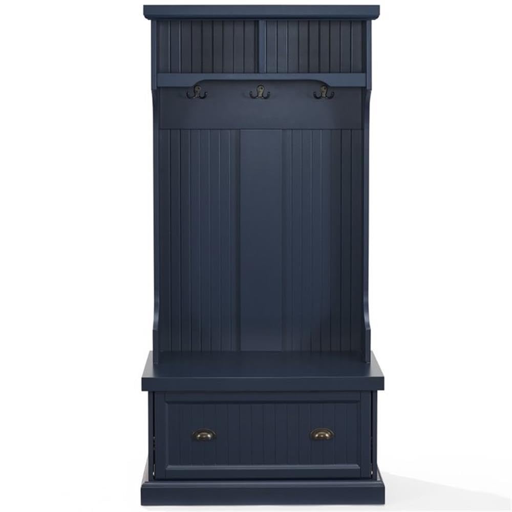 Bowery Hill Coastal Wood Hall Tree, Navy Finish, 64.25"H x 31.5"W x 15.75"D, Bead Board Design, 3 Double Hooks, Drop-Down Cabinet Door, Storage Shelves, Versatile Entryway Bench for Foyer or Mudroom
