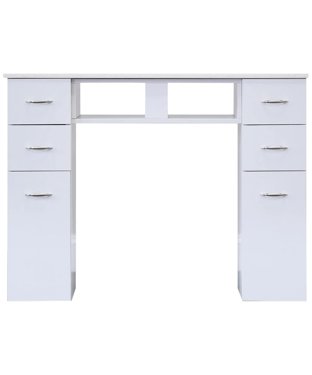 J & A White Granite Top Manicure Nail Table for Salons & Spas - 6 Storage Drawers, 2 UV Dryer Slots, Built-in Trash Compartment, Hidden Casters, Compact & Modern Workstation - JA-KM-N104-WHT