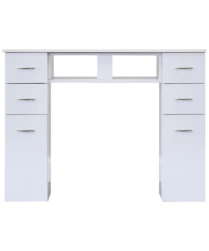 J & A White Granite Top Manicure Nail Table for Salons & Spas - 6 Storage Drawers, 2 UV Dryer Slots, Built-in Trash Compartment, Hidden Casters, Compact & Modern Workstation - JA-KM-N104-WHT