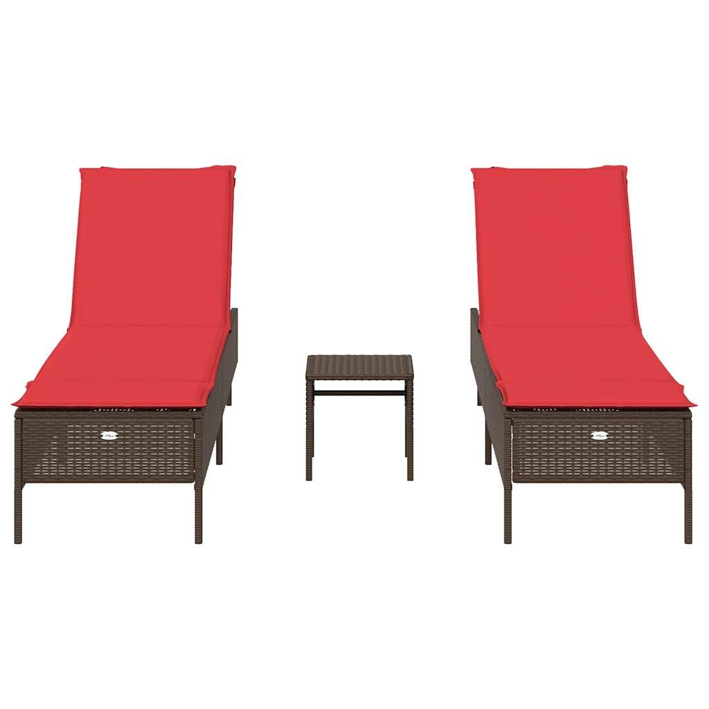 Yisssmeng 3-Piece Patio Sun Lounger Set with Red Cushions, Brown Poly Rattan Outdoor Chaise Lounge Chairs for Garden, Poolside and Terrace, Adjustable Backrest, 2 Pack, Steel Frame