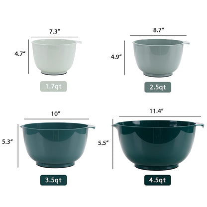 BoxedHome Green Ombre Nesting Plastic Mixing Bowl Set With Pour Spout, Microwave and Dishwasher Safe, BPA free Non-Slip Base, Set of 4 Size 1.7, 2.5, 3.5 and 4.5qt, Great for Prepping, Baking, Cooking