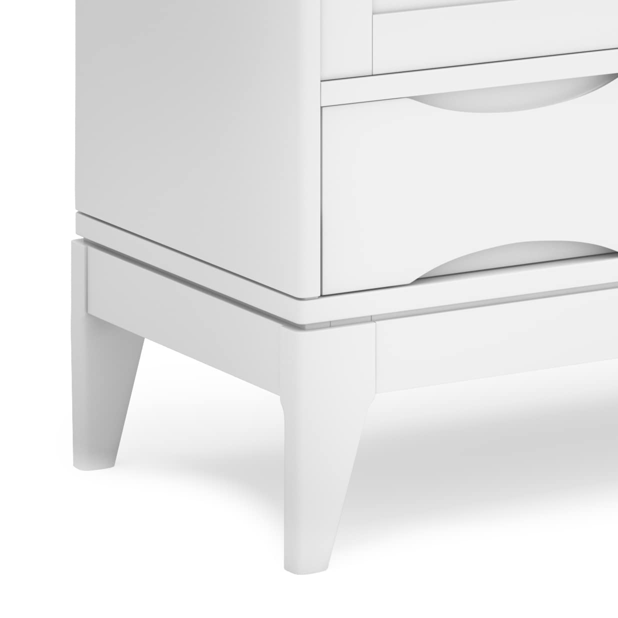 SIMPLIHOME Harper Medium Storage Cabinet - 48 inch Wide Solid Hardwood Sliding Door Cabinet in White, Mid-Century Modern Cupboard for Living Room or Entryway with 3 Drawers and Tapered Legs