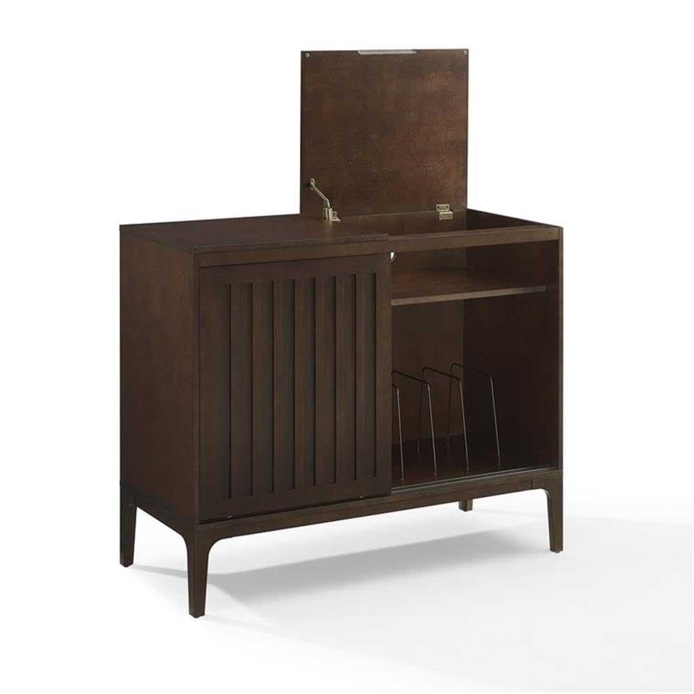Pemberly Row Modern Record Storage Media Console, 42.13" Wide Wood Cabinet, Dark Brown Finish, Sliding Doors, Adjustable Shelves, Hinged Turntable Compartment, Mid-Century Style Entertainment Center