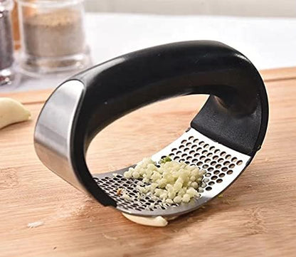 Angel's Peel Lounge Stainless Steel Garlic Press Rocker Set with Silicone Garlic Peeler & Cleaning Brush – Garlic Chopper, Mincer, Grater, Crusher – Easy for Crushed Cloves – Rust-Resistant, Black