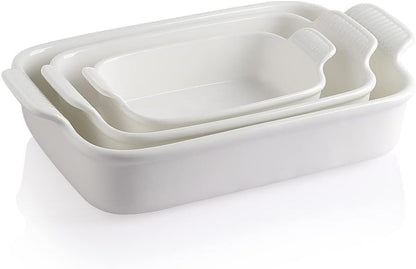 Sweejar Baking Pans Set - Durable Ceramic 9x13 Baking Dish with Handle | 3-Piece Casserole Bakeware Set in White