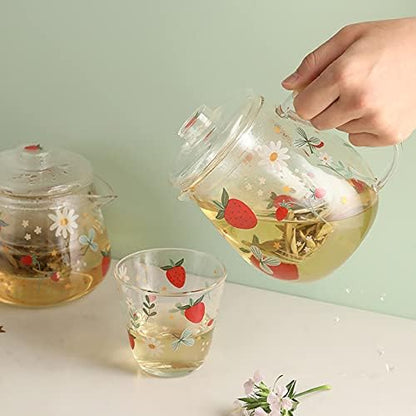 Sizikato Clear Borosilicate Glass Teapot with Tea Strainer, Cute Strawberry Pattern, 18oz