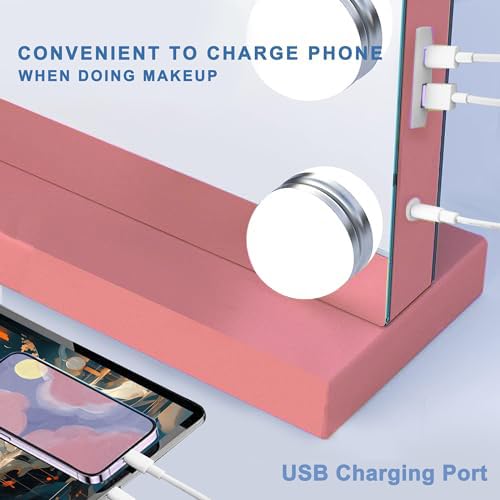 Hollywood Vanity Mirror with Lights, 15 Dimmable Bulbs, 3 Color Lights,Make Up Lighted Mirror, Aluminum Metal Frame, USB Charging Port（23" x 18"）