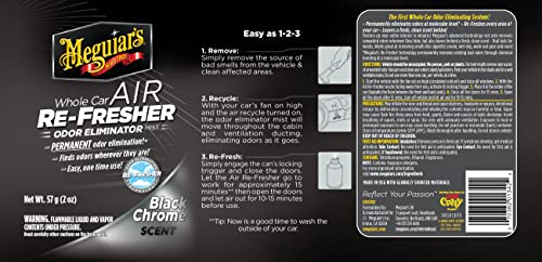 Meguiar's Whole Car Air Refresher, Car Odor Eliminator Spray Permanently Eliminates Unwanted Vehicle Odors Throughout Your Interior, Black Chrome Scent, 2 Oz Aerosol Canister