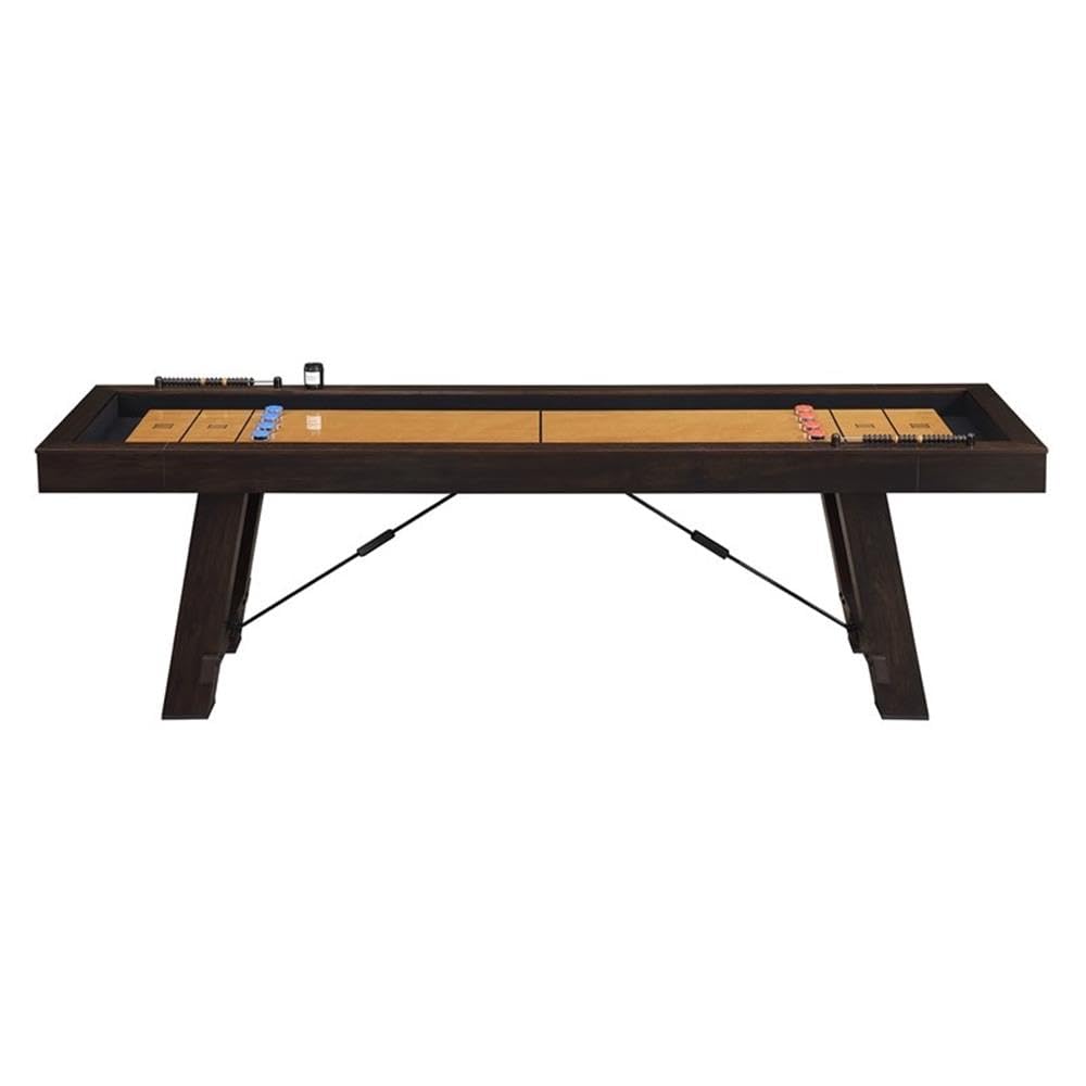Bowery Hill Shuffleboard Table, Brown Finish, Spruce Veneer with Solid Wood Legs, Transitional Style, Includes Game Pucks, Brush, Wax, Scorers, Perfect for Game Room Entertainment