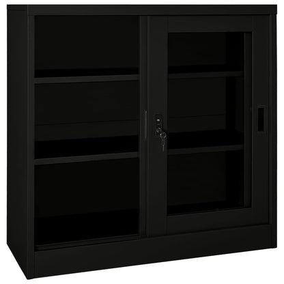 mtlskopl Sliding Door Storage Cabinet Black Steel Matte Tempered Glass 35.4 x 15.7 x 35.4 in Adjustable Shelves Lockable Office Garage Living Room Bathroom Organizer