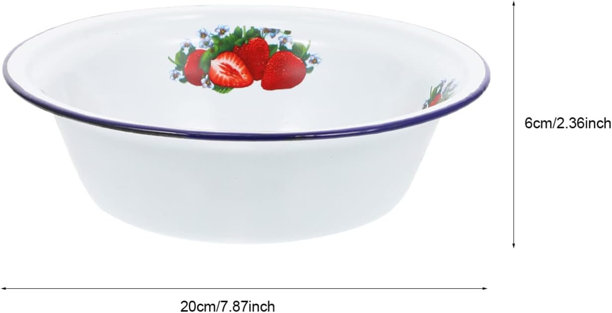 MAGICLULU Vintage Enamel Bowl, Round Tray with Strawberry Pattern, Metal Nesting Food Bowl, 20cm