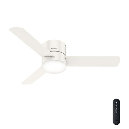 Hunter 52 inch Indoor Ceiling Fan with Light and Remote Control - For Bedroom or Living Room, Low Profile Flush Mount, White Modern Ceiling Fan with LED Light, 3 Blades - Minimus 51433, Fresh White