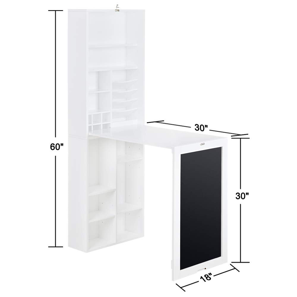 Utopia Alley Collapsible Fold Down Desk Table | Chalkboard Wall with Storage Cabinet & Bottom Shelves, Multipurpose Foldable Desk for Home, Office, Crafting, and More (White)