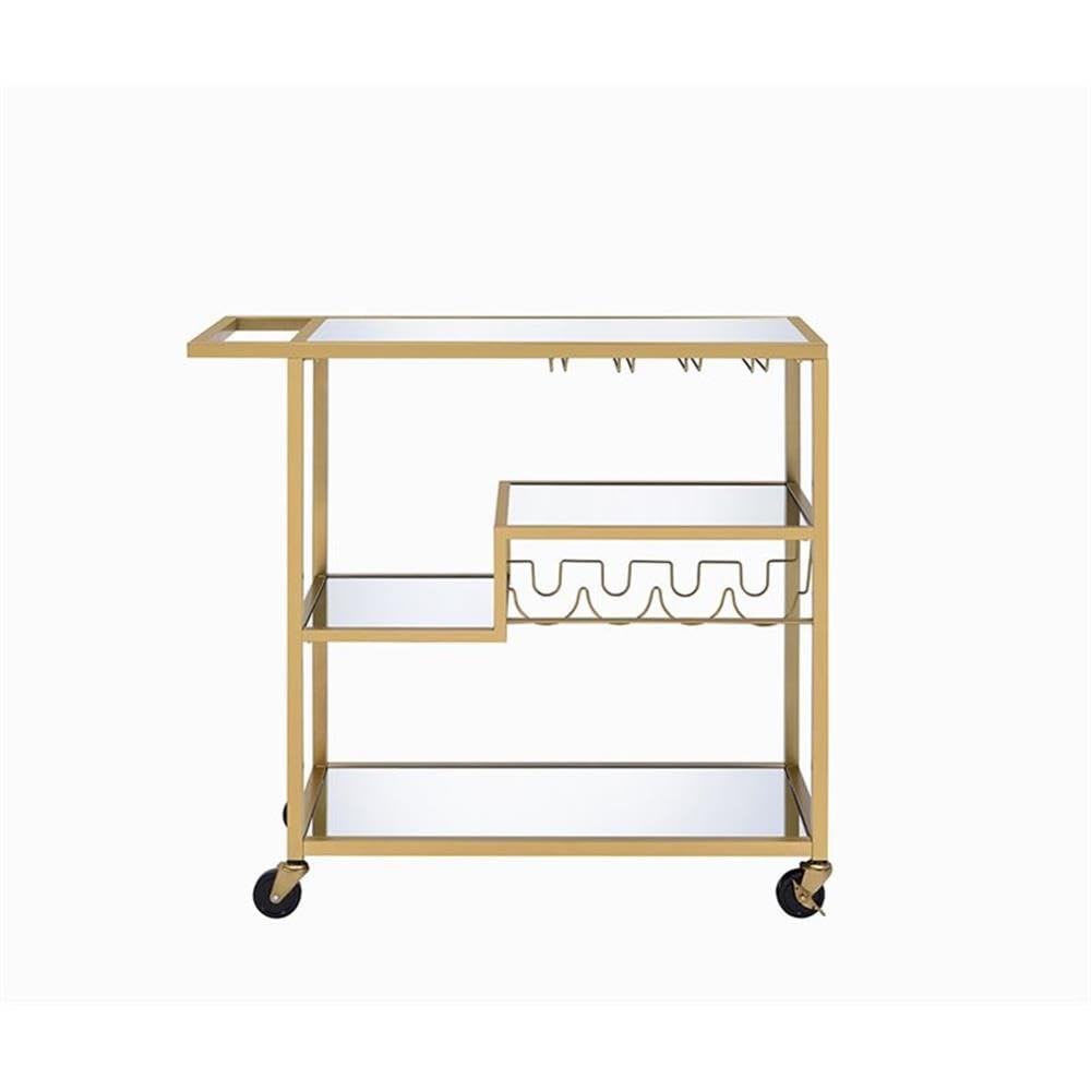 Acme Adamsen Rectangular Glass Top Serving Cart with 3 Tiers in Gold