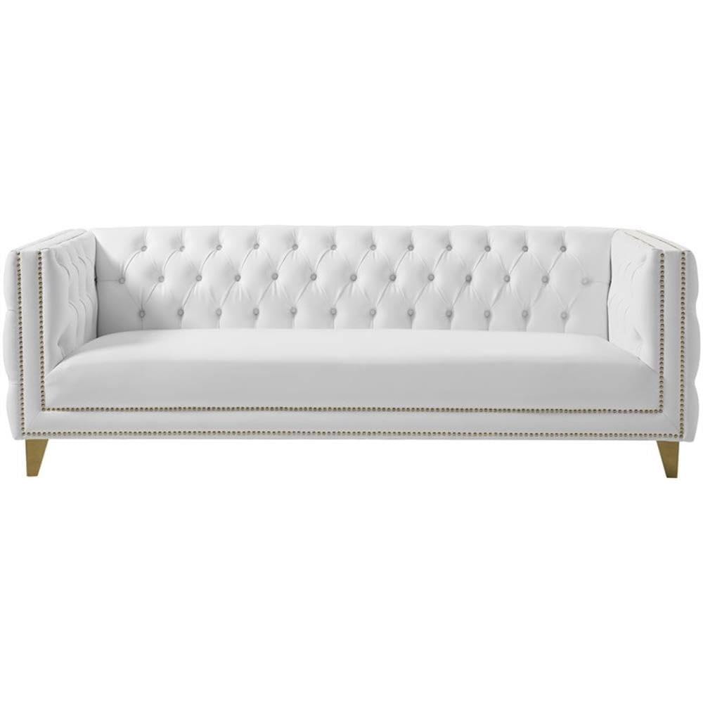 Meridian Furniture 651White-S Michelle Collection Modern | Contemporary Sofa with Deep Button Tufting, Gold Nailhead Trim and Sturdy Gold Iron Legs, White Vegan Leather, 90" W x 34" D x 30" H