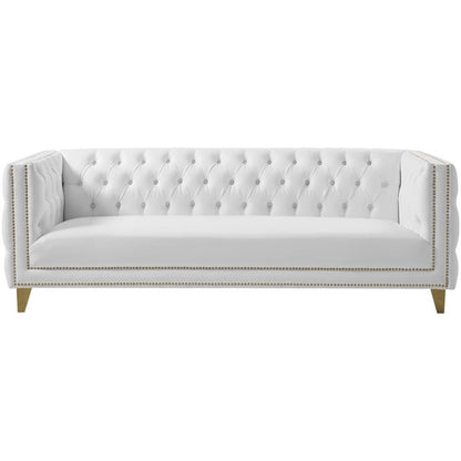 Meridian Furniture 651White-S Michelle Collection Modern | Contemporary Sofa with Deep Button Tufting, Gold Nailhead Trim and Sturdy Gold Iron Legs, White Vegan Leather, 90" W x 34" D x 30" H