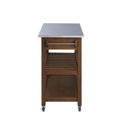 BOWERY HILL Modern Kitchen Cart, Rubberwood and Stainless Steel, Chestnut Wire-Brush Finish, 45" W x 20.5" D x 35.75" H, Adjustable Shelf, Storage Drawers, Locking Casters, Portable Prep Station