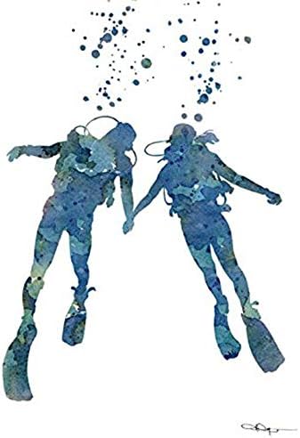 Scuba Divers Abstract Watercolor Art Print - By Artist David J Rogers