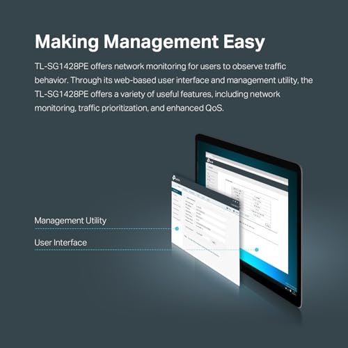 TP-Link TL-SG1428PE 24 Port Gigabit PoE Switch Easy Smart Managed 24 PoE+ Port @250W w/ 2 UL Gigabit Ports + 2 SFP Slots PoE Auto Recovery QoS, Vlan, IGMP & LAG