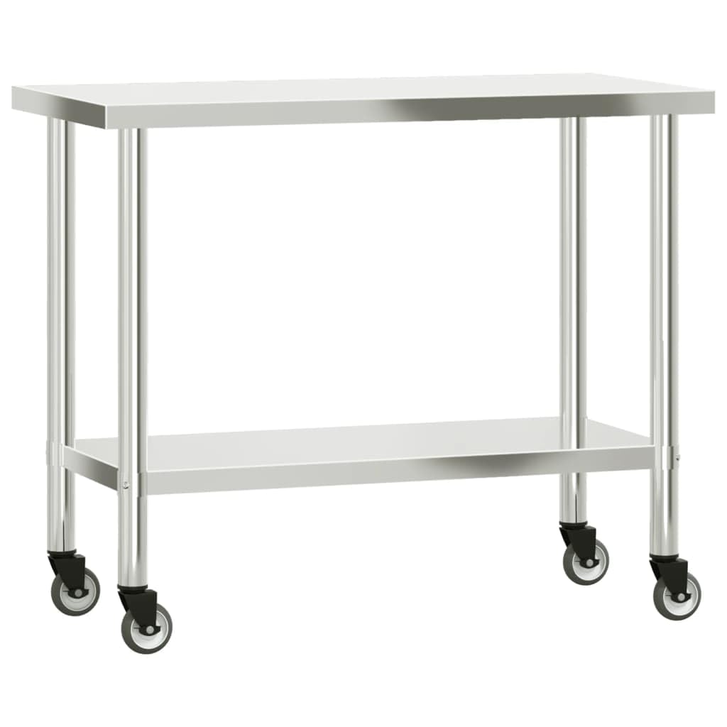 Stainless Steel Kitchen Prep Work Table with Overshelf, Rolling Food Preparation Station with 2-Tier Storage Shelf, Mobile Commercial Utility Cart for Restaurant Catering 43.3x21.7x59.1 Inches