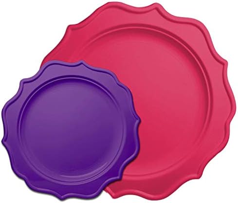 Tiger Chef Fuchsia and Purple Round Scalloped Rim Disposable Plastic Plate Set - 96-Pack