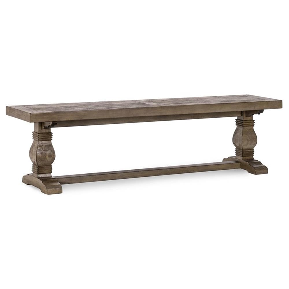 MAKLAINE 66" Transitional Reclaimed Pine Wood Bench, Weathered Brown Finish, Hand-Carved Pedestal Base, Rustic Style Seating for Kitchen or Dining Room, Seats Up to 3